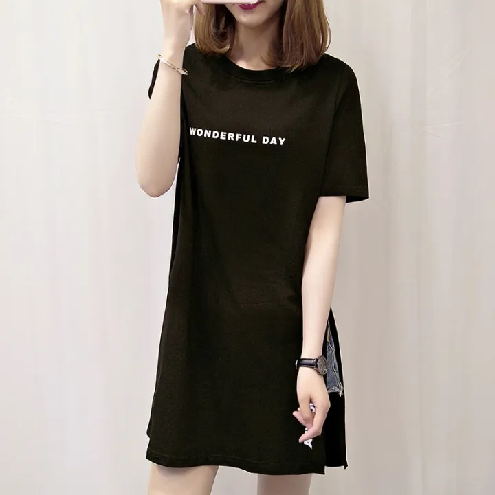 2023%20Mid-Length%20T%20T-shirt%20Women's%20Short%20Sleeve%20Loose%20Summer%20Letters%20Slit%20Overknee%20round%20Neck%20T%20Women's%20T-shirt%20-%20Image%203