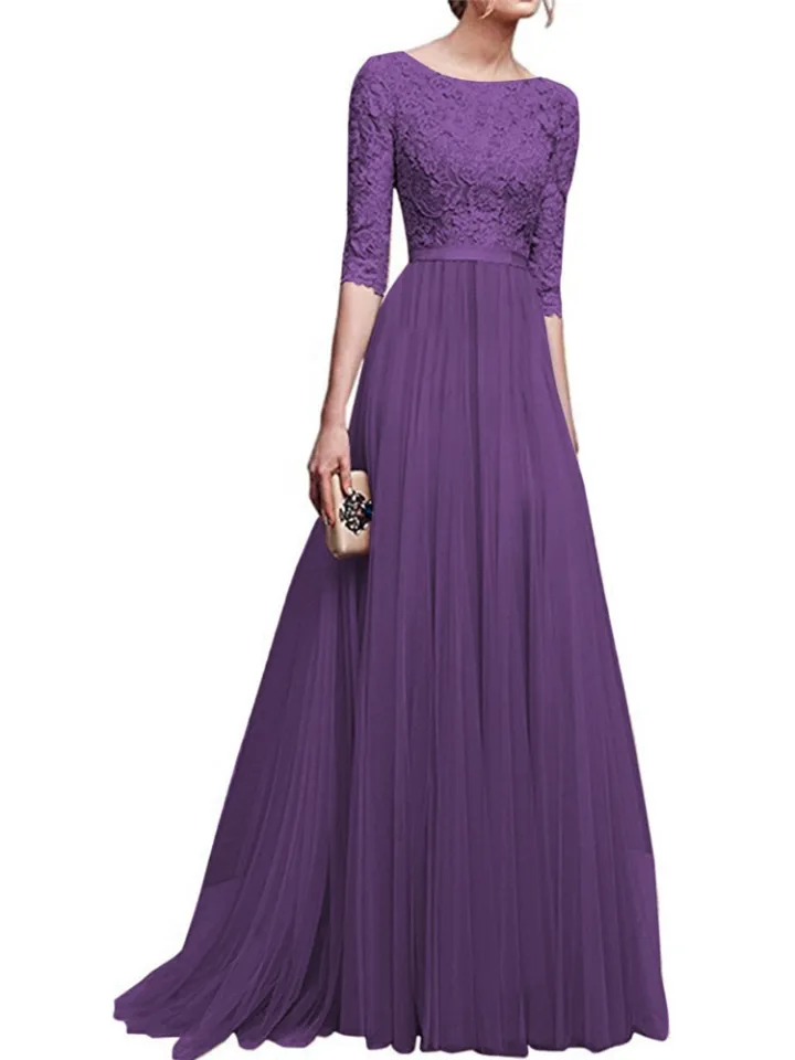 Elegant Long Evening Dress Women Lace Maxi Half Sleeve Formal