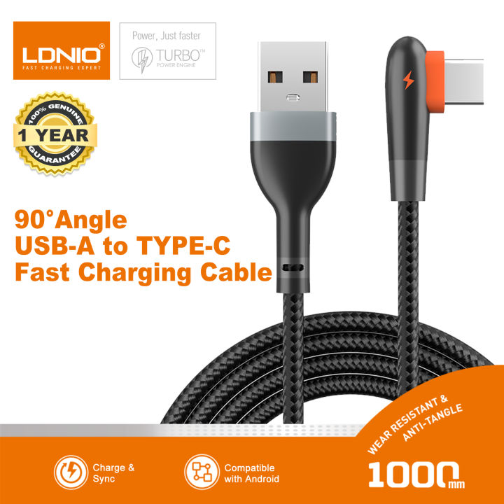 LDNIO Fast Charging Cable, USB Cable with 90° Port, 2.4A USB-A toType-C Mobile Phone Charging Cable -1M