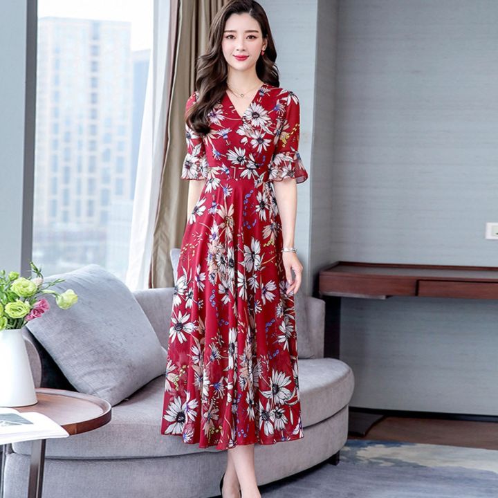 Women%20Floral%20Long%20Dress%202023%20Casual%20Fashion%20Chiffon%20A%20Line%20V%20Neck%20Short%20Sleeve%20Dress%20Summer%20Elegant%20Fashion%20Comfortable%20Dresses%20-%20Image%202