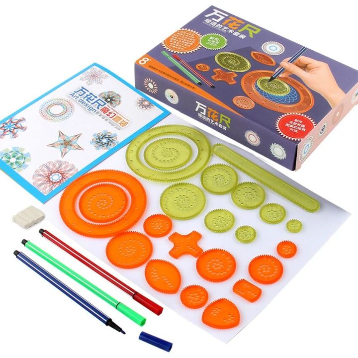 27Pcs Spirograph Drawing Toys Set Interlocking Gears Wheels with Pens Spiral Designs Painting Accessories Geometric Ruler Toy