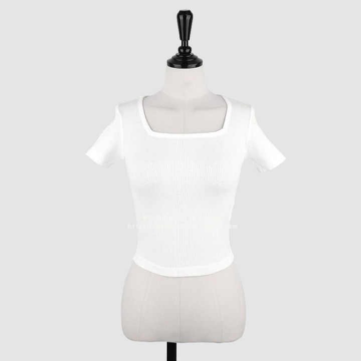 6%20Color%20Selection%20~%20Square%20Collar%20Skinny%20Slimming%20Short%20Short%20Sleeve%20T%20T-shirt%20Women's%20Top%20Show%20Waist%20Korean%20Style%20Pure%20Desire%20Style%20Slim%20Fit%20Slimming%20-%20Image%205