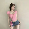 Summer Hottie Hollow Backless T-shirt Women Square Collar Short Sleeves Crop Top.