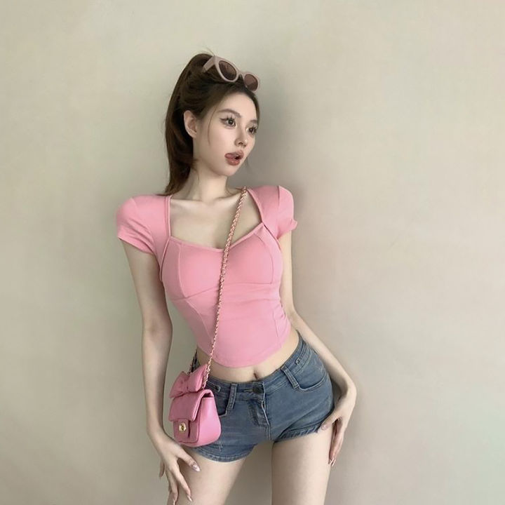 Summer Hottie Hollow Backless T-shirt Women Square Collar Short Sleeves Crop Top