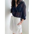 Women See-through Blouse Summer Mesh Transparent White T-Shirts Long Sleeve Casual Tops Y2k Korean Fashion Button Cardigan. 