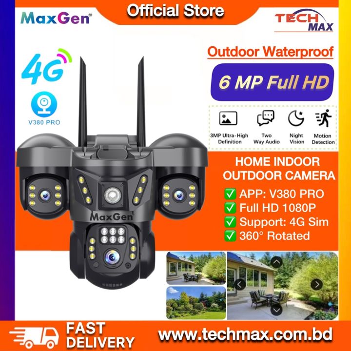 MexGen V380 PRO 3 Lens SC29 4G SIM SUPPORT IP Camera 6MP Outdoor Waterproof 360 Degree Wide Angle Auto Tracking Color Night Vision Two Way Audio PTZ CCTV Camera