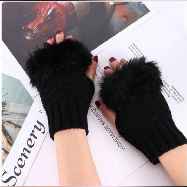 1Pair Fashion Women Faux Rabbit Fur Hand Wrist Crochet Knitted Fingerless Gloves