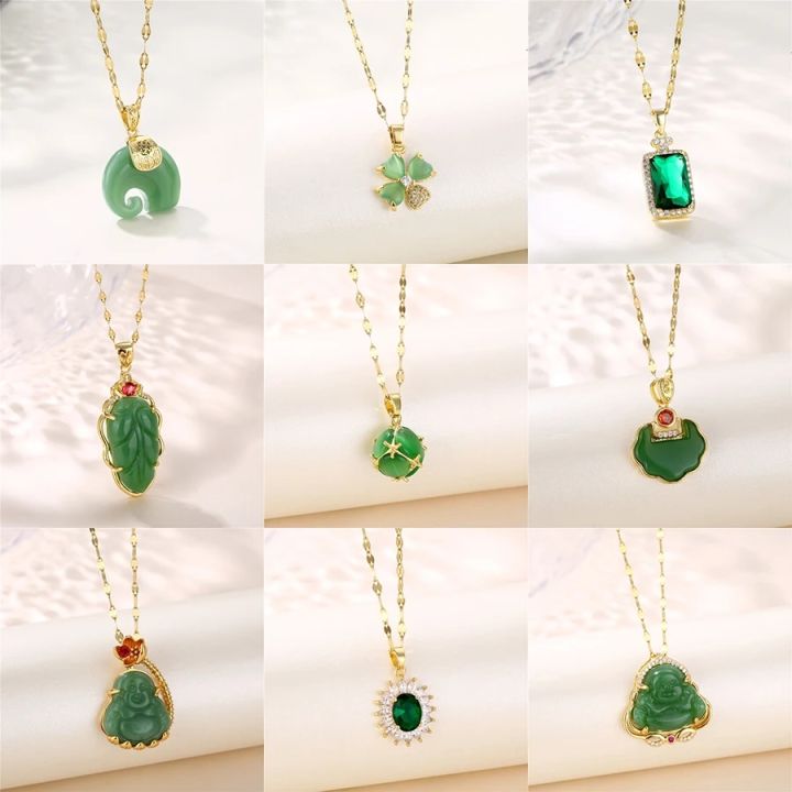 Vintage Style Lucky Guard Green Pendant Stainless Steel Necklaces For Women Fashion Elegant Female Clavicle Chain Jewelry Gift