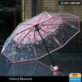 Cherry Blossom Printed Clear Umbrella Three-Fold Transparent Umbrella Rain Gear Outdoor Sunshade Uv Protection.