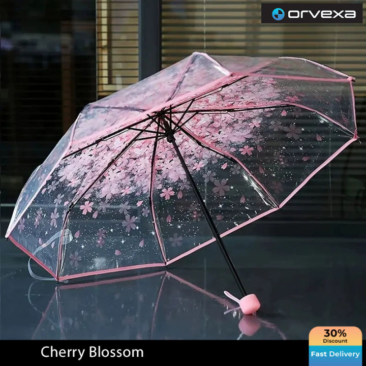 Cherry Blossom Printed Clear Umbrella Three-Fold Transparent Umbrella Rain Gear Outdoor Sunshade Uv Protection