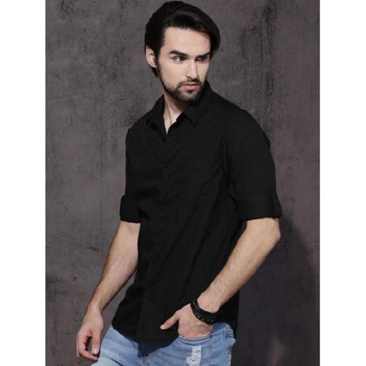 Black Cotton Long Sleeve Formal Shirt For Men