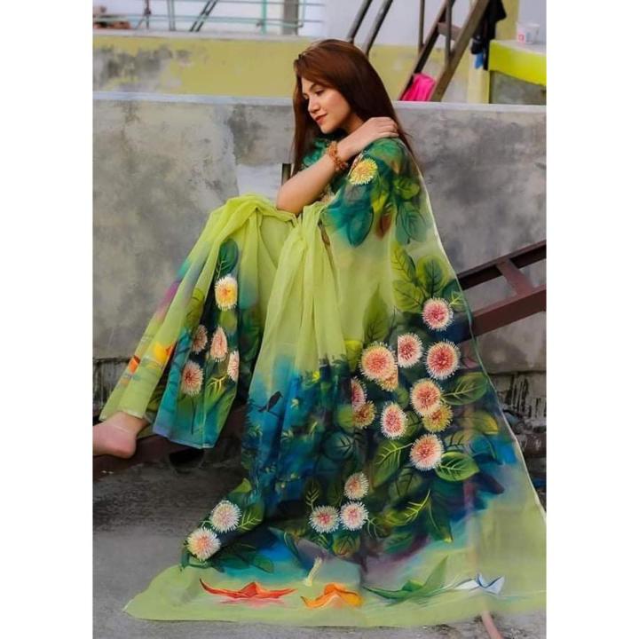 Exclusive Designer Hand Print Half Silk Saree for women
