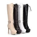Plus Size Lace up Tall Knight Boots Autumn and Winter Women's Shoes Waterproof Platform round Toe Stiletto Heel Long Nightclub Boots. 