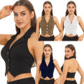 Women Notched Lapel Backless Button Down Suit Vest Solid Color Casual Waistcoat 2025..