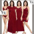 6 part Night Dress Silk Color Nighty Comfort Sleeping Dress pink purple blue misty  Red Color Indian Silk Super Soft and elegan night hot romantic dress for women bikini penty gaown semis pants tops nighty  silk dress for girl. 