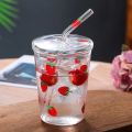 Heat-Resisting Clear Strawberry Pattern Coffee Juice Drinking Water Glass Cup with Straw Lid. 