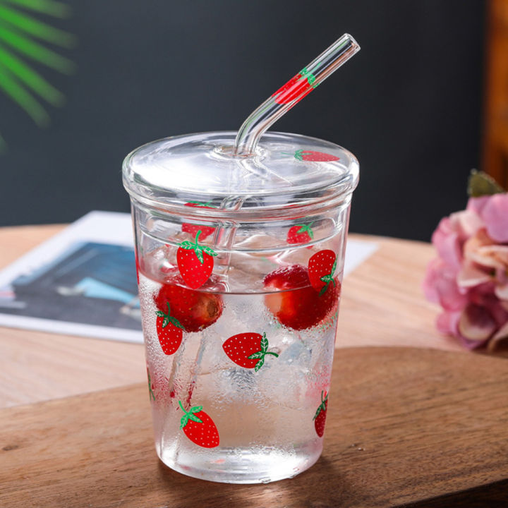 Heat-Resisting Clear Strawberry Pattern Coffee Juice Drinking Water Glass Cup with Straw Lid
