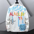 Men Letters Printed Denim Jacket Painted White Jean Coat Streetwear Casual Top Outerwear. 