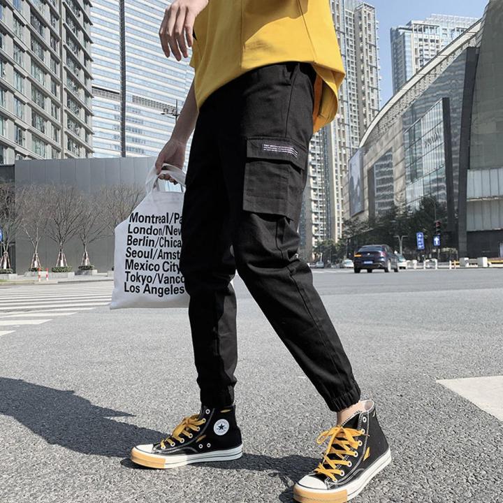 Men Casual Cargo Pants Solidckets Ankle-length Elastic Waist Fashion Streetwear All-match Korean Style Simple Chic Ins Loose