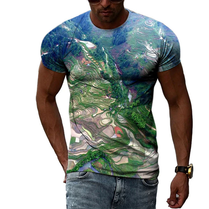 Summer%20New%20Terrace%20Pattern%20Printed%20Men's%20T-shirt%20Casual%20Pastoral%20Quality%20Short-sleeved%20Classic%20Round%20Neck%20Loose%20Quick-drying%20Top%20-%20Image%202