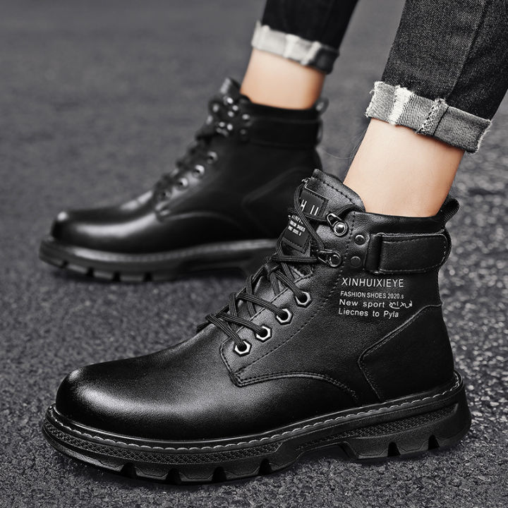 Men's shoes spring 2024 new high-top martin boots black biker tide shoes versatile non-slip wear-resistant fashion boots men