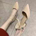 French Teenage High Heels Women 2024 Spring and Summer New Wanwan Style Shoes All-Matching Chunky Heel Mid Heel Internet-Famous Pointed Toe Shoes. 