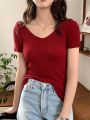AOSSVIAO 2023 Basic V-neck Solid Thin Summer Pullover Women Female Knitted Ribbed Sweater Slim Short Sleeve Bodycon Sweater.