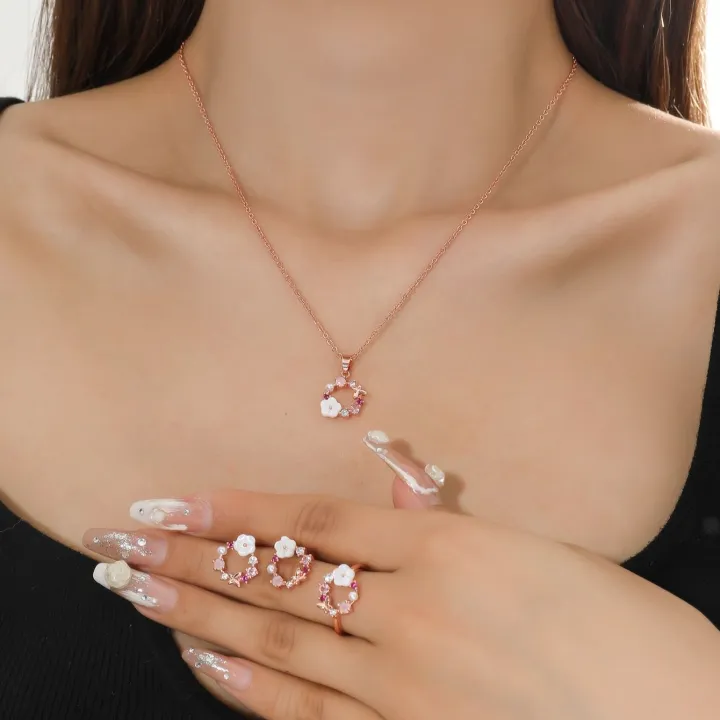 4%20Pieces%20Rose%20Gold-color%20Lady%20Flower%20Fashion%20Accessories%20Zircon%20Simple%20Ornate%20Exquisite%20Necklace%20Ring%20Earrings%20Jewelry%20Set%20-%20Image%202