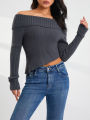 Women's Off Shoulder Sweater, Long Sleeve Solid Color Asymmetrical Hem Knit Tops. 
