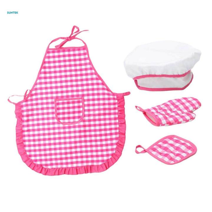 Chefs Apron Set - 4 Pieces Hat & Apron with Accessories - Pretend Play Kitchen Set