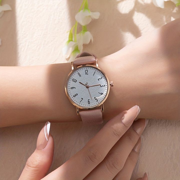Women's Watch Casual Round Pointer Quartz Watch Textured Dial Analog PU Leather Wrist Watch