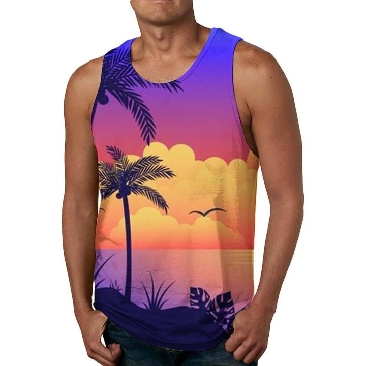 Fredney Mens Summer Fashion Casual Beach Seaside Digital 3D Printed Round Neck Sleeveless T Shirt Vest Cotton Blend Long