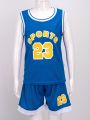 Girls and Boys Uni Football Basketball Sport Outfits Kids Children Sportswear Sleeveless Number Print T-Shirt and Shorts Set. 
