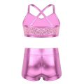 Kids Girls Ballet Dance Clothes Gymnastics Leotard Gym Sports Fitness Workout Tankini Outfit Shiny Sequins Tank Bra Tops Shorts.