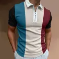Men's Solid Color Striped Polo Shirt Short Sleeve Golf Turn-down Collar Zipper Polo Shirt for Men Casual Streetwear Summer Tops. 