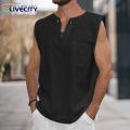 Sleeveless Tee Shirt Stylish Men's V-neck Le-up Ta Tops Sleeveless Solid Color Shirt with Patch cket Trendy Stwear. 