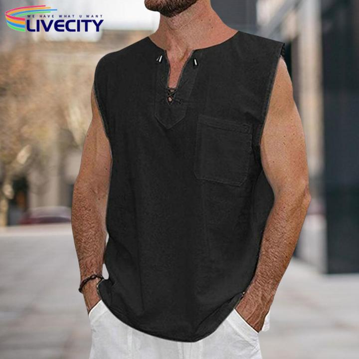 Sleeveless%20Tee%20Shirt%20Stylish%20Men's%20V-neck%20Le-up%20Ta%20Tops%20Sleeveless%20Solid%20Color%20Shirt%20with%20Patch%20cket%20Trendy%20Stwear%20-%20Image%209