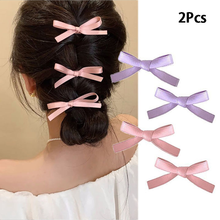 2PCS Bowknot Hair Clips Sweet Ballet Ribbon Bow Hairpin Bang Clip Korean Girl Mini Grab Clip Female Headwear Hair Accessories Mzea