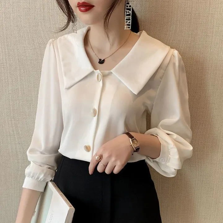 White%20Chiffon%20Shirt%20Women%20Long%20Sleeve%20Bandage%20Dress%20Chic%20Top%202023%20Spring%20New%20Sweet%20Korean%20Style%20Peter%20Pan%20Collar%20Blouse%20-%20Image%205