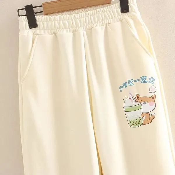 New%20Girls'%20High%20Waist%20Cat%20Printed%20Pocket%20Sweatpants%20Color-Beige%20-%20Image%203