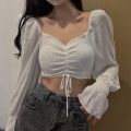 Women Long Sleeve Square Neck Shirt Drawstring Off Shoulder Blouse Crop Top.