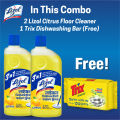 (Buy 2 Get 1 Free) Lizol Disinfectant Floor & Surface Cleaner 2 X 500ml Citrus + Trix Lemon Dishwash Bar 300g Free. 
