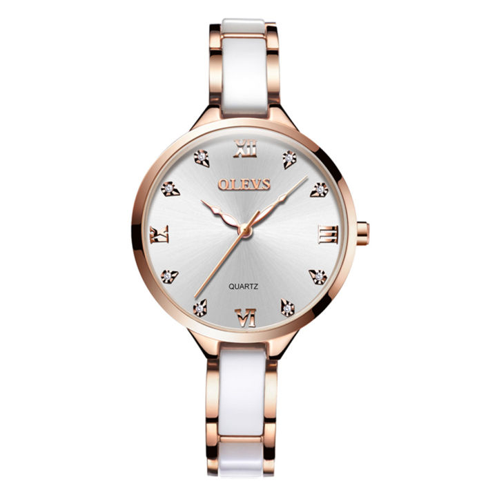 OLEVS 5872 White And RoseGold Ceramic Steel Analog Watch For Women - RoseGold & White