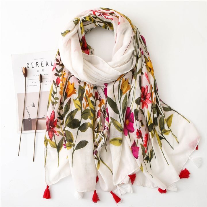 【Hey my home】Winter Scarf for Women Style Fringes Viscose Ladies Floral Shawls Cotton Linen Scarves Foulard Muslim Hijabs