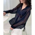 Women See-through Blouse Summer Mesh Transparent White T-Shirts Long Sleeve Casual Tops Y2k Korean Fashion Button Cardigan. 