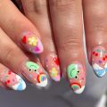 24Pcs Pink French False Nails Rainbow Cloud Design Full Cover Nail Tips Summer Long Almond Nails Almond Press on Nails.