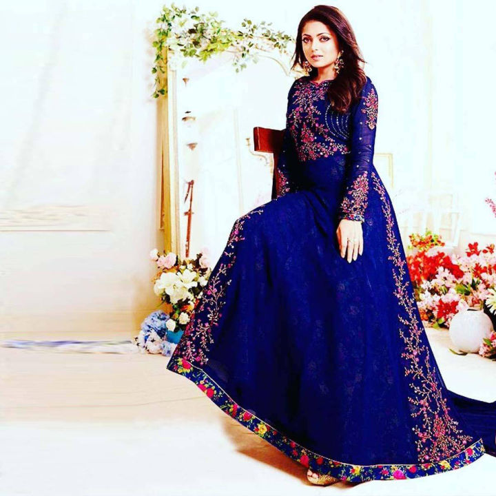 princess polly baby blue dress Outstanding Teal Green Color Faux Blooming Georgette With Zari Thread Sequins Embroidery Designer Gown M
