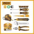 INGCO 7Pcs Handtools Set With Combination Pliers,Test Pencil,Adjustable Wrench,Snap-off Blade Knife,Screwdriver and Steel Measuring Tape HKTH10807.