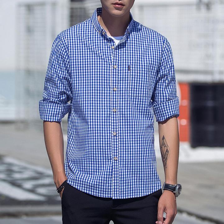 Yfashion Men Soft Cotton on Shirt Long Sleeve Plaid Pattern Casual Shirt