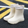 Rain Boots Women's Trendy Waterproof Shoes Rain Boots Women's Middle Tube Non-Slip Oil-Proof Kitchen Work Rubber Shoes Wear-Resistant Cotton-Padded Warm-Keeping. 